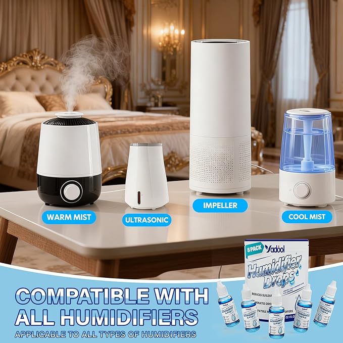 [5 Pack] Humidifier Cleaner Drops, Humidifier Water Treatment Cleaning Solution for All Makes & Models - Slows Buildup & Scaling - Deeply Cleans & Deodorizes Water - 500+ Day Supply