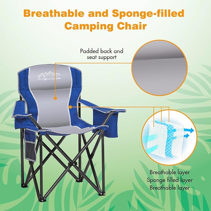 SAILARY 2PCS Folding Camping Chair Portable Outdoor Heavy Duty Padded Chairs Lawn Chair with Cup Holder, Storage Pocket and Cooler Bag, Supports 450LBS Blue