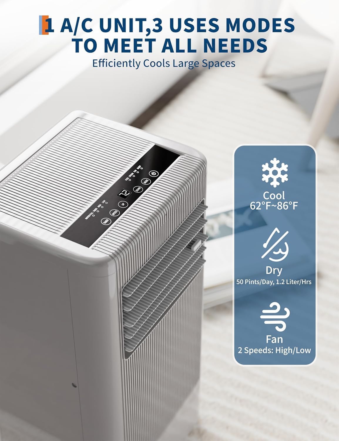10,000 BTU Portable Air Conditioners - 3-in-1 Cooling, Dehumidifier & Fan - Low 50 dB, LED Display, 24H Timer, Sleep Mode, Remote, Window Kit - Cools Up to 450 Sq.Ft - Black Control Panel, US