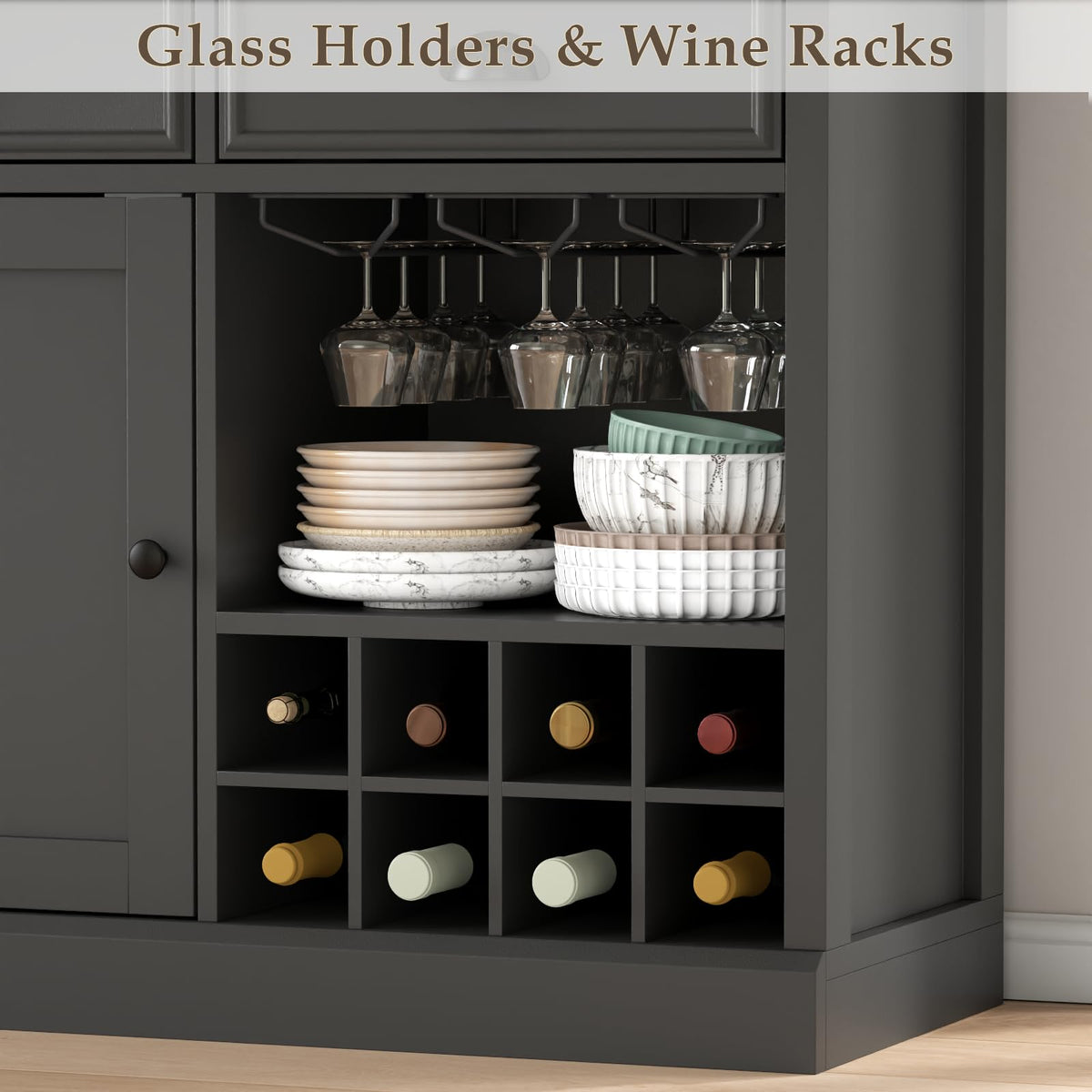 Loomie Wine Bar Cabinet with Pull-Out Trays & Drawers, Liquor Cabinet with Wine Rack & Stemware Holder, Coffee Bar Cabinet with Door & Adjustable Shelf, Kitchen Buffet Cabinet for Home Pub (Black)