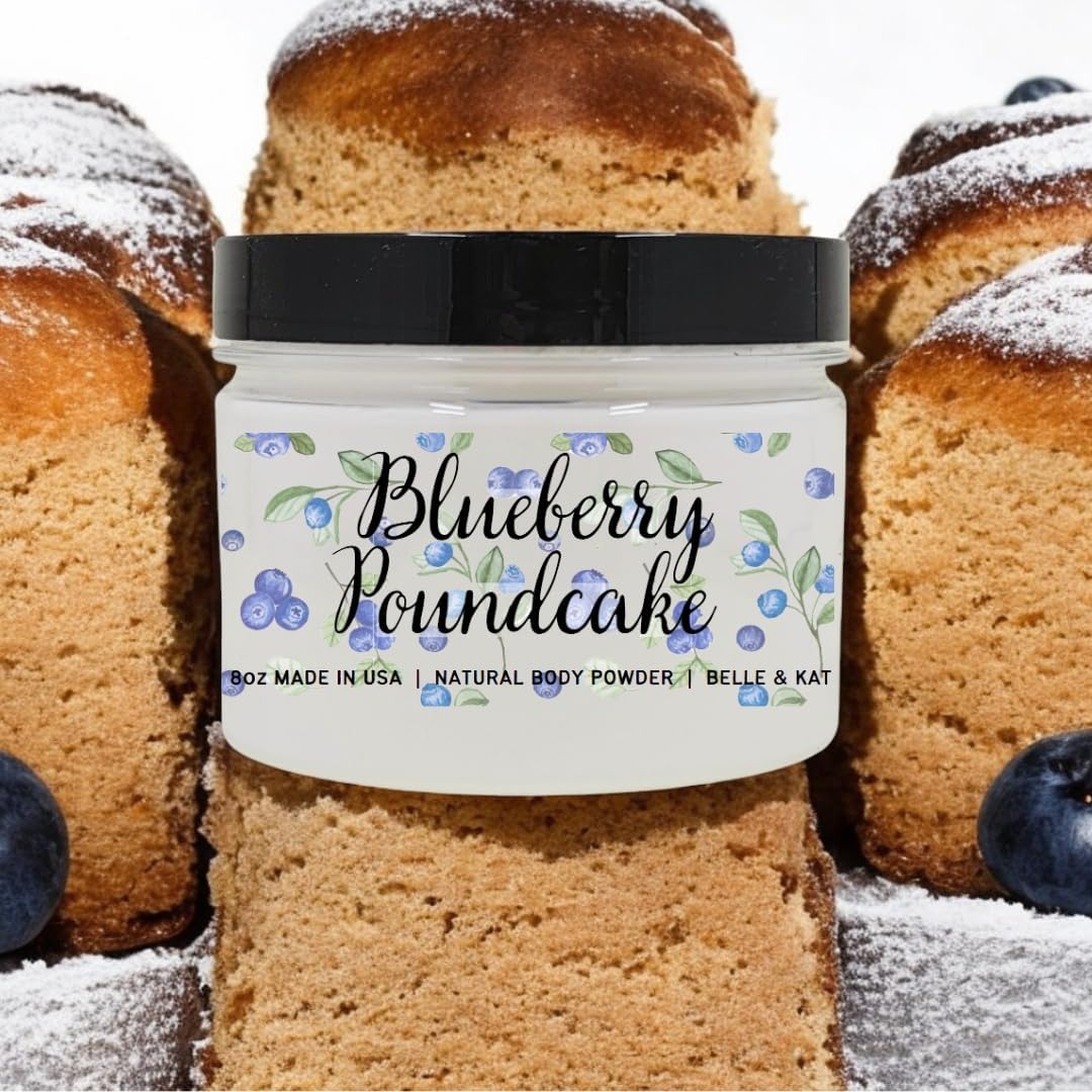 Body Powder for Men & Women Scented Blueberry Poundcake, Bath Perfume Dusting Powder with Fragrance & Essential Oils, Talc Free 8oz Container, Made in USA