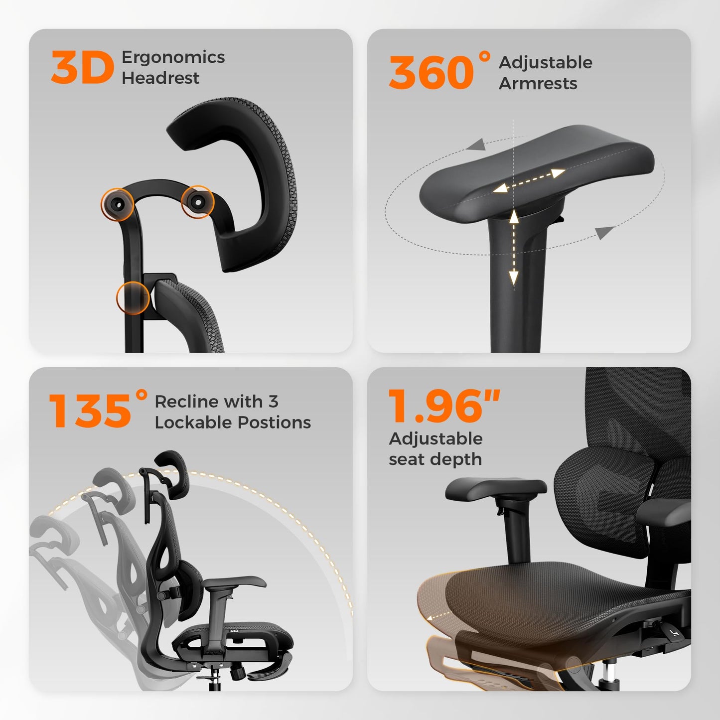 OTO Zenpex Ergonomic Mesh Office Chair, 1.96" Adjustable Seat Depth, Dynamic Lumbar Support, Extensible Footrest, Up to 300 lbs, 135° Recline Backrest for Home, Gaming & Executive Office