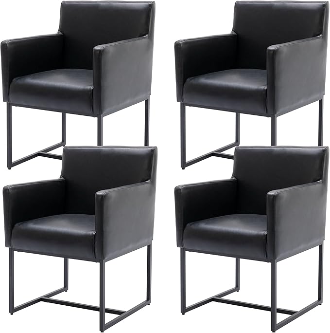 BESTANO Set of 4 Upholstered Dining Chairs with Armrest, PU Leather Modern Accent Armchairs, Kitchen & Dining Room Chairs Side Chairs, Black