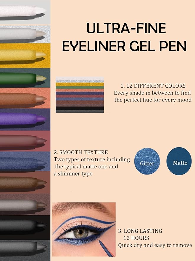 White Gel Glitter Eyeliner Pencil, Metallic Waterproof Smudge-Proof Creamy Retractable Smooth Eye Liner pencil, Hypoallergenic Long Lasting Eyeliner Brightener Pen Crayon Eye Makeup Gift for Women#01