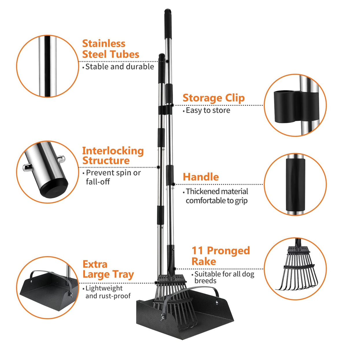 Toozey Unbreakable Dog Pooper Scooper with Extra Large Stainless Metal Poop Tray & 43.31" Long Handle Rake Scoop, Easy Waste Cleanup for Large, Medium, Small Dogs with 20 Bags