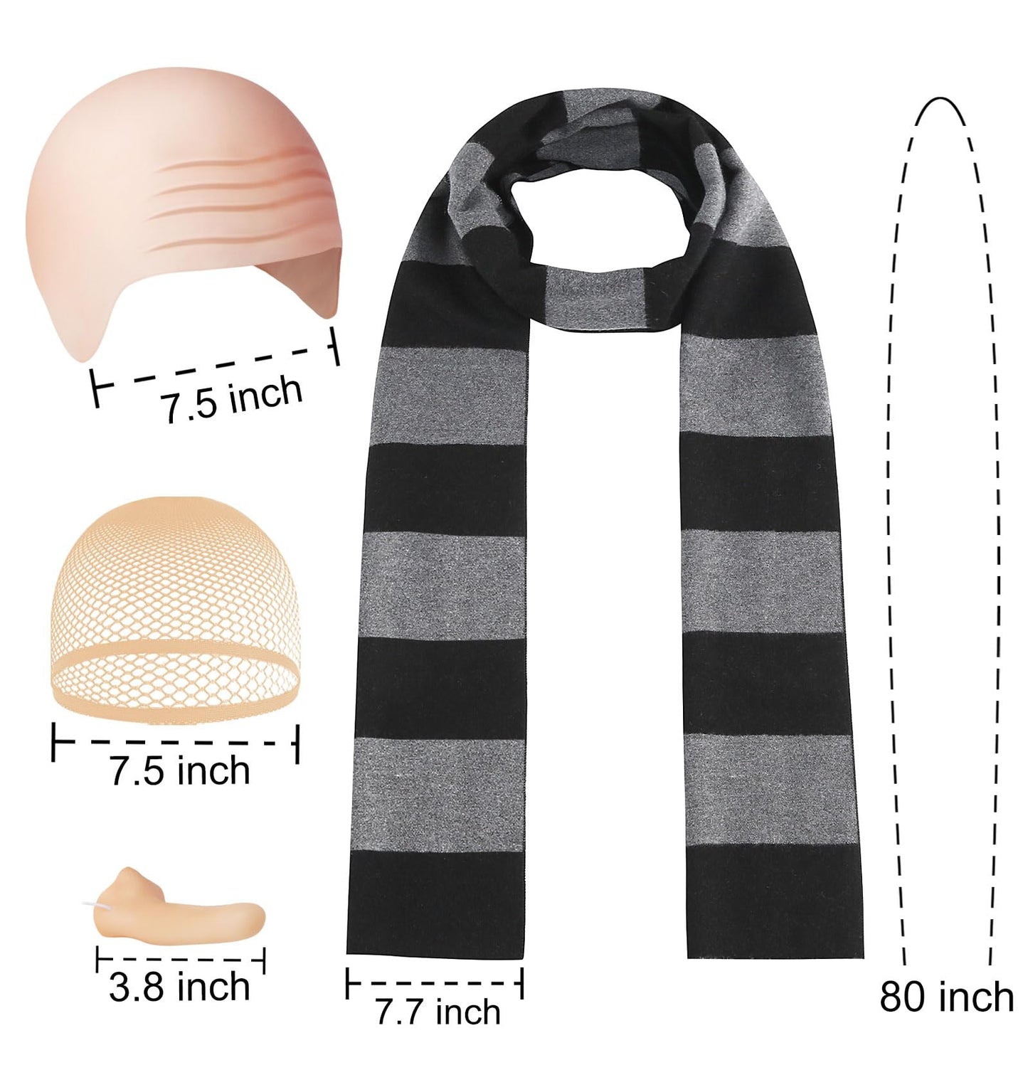 HEYFIZZ 4 Pcs Halloween Costume Accessories for Adult,Black Gray Striped Scarf/Fake Nose/Bald Cap for Men Cosplay Set