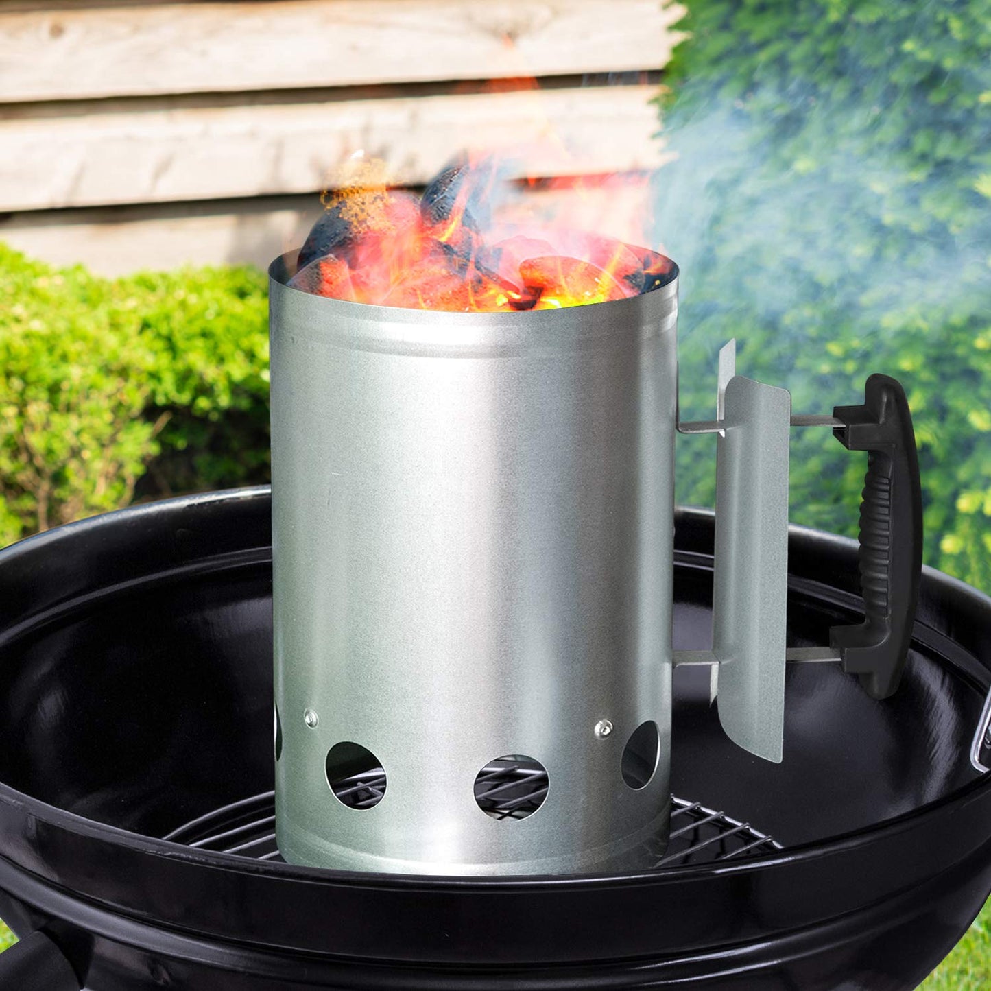 BEAU JARDIN BBQ Charcoal Chimney Starter 11"X7" Heavy Duty for Charcoal Grills Lighter Coal Fire Starter Barbecue Galvanized Steel Quick Rapid Compact Outdoor Cooking BBQ Tools Accessories Silver