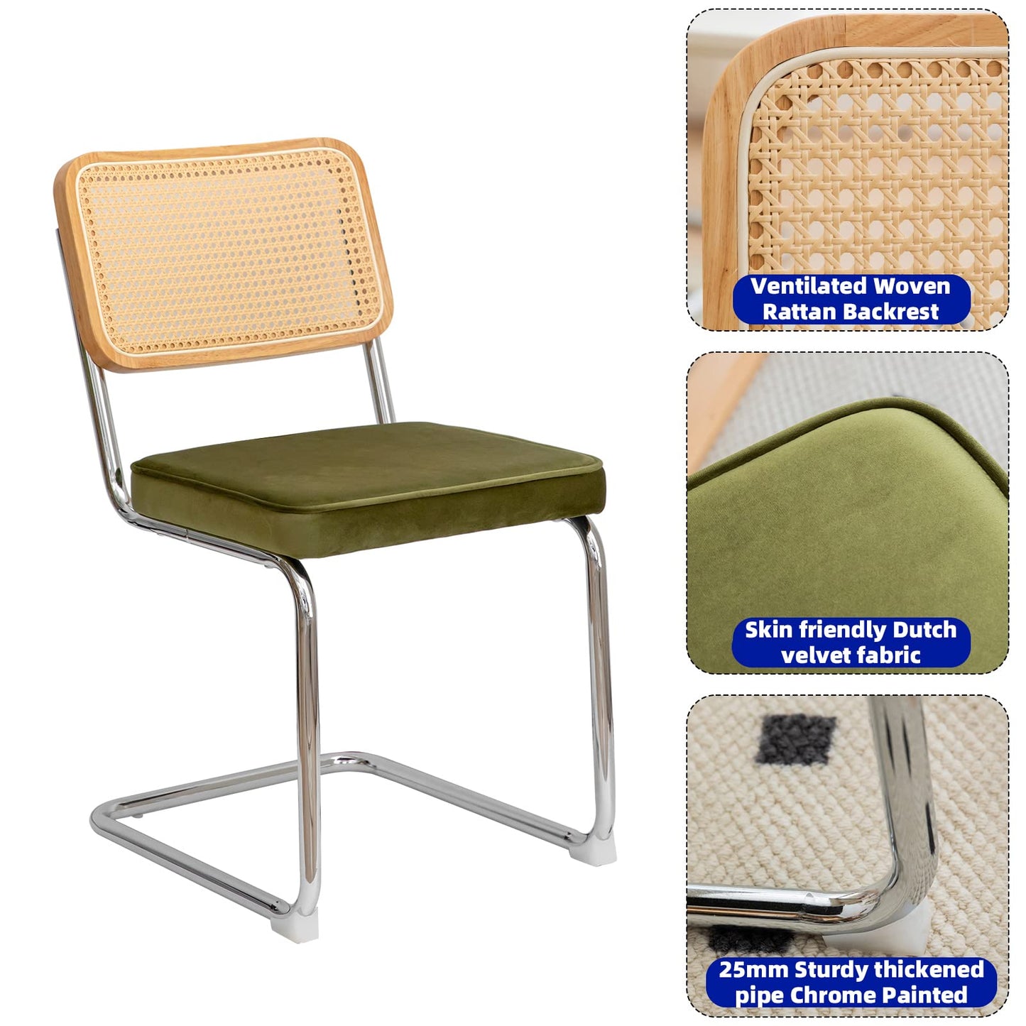 HAZO Rattan Dining Chairs Set of 2,Green Velvet Accent Chairs with Woven Cane Back & Stainless Chrome Base, Modern Mid Century Designed Chairs, Upholstered Dining Room Kitchen Chairs(Green Velvet)