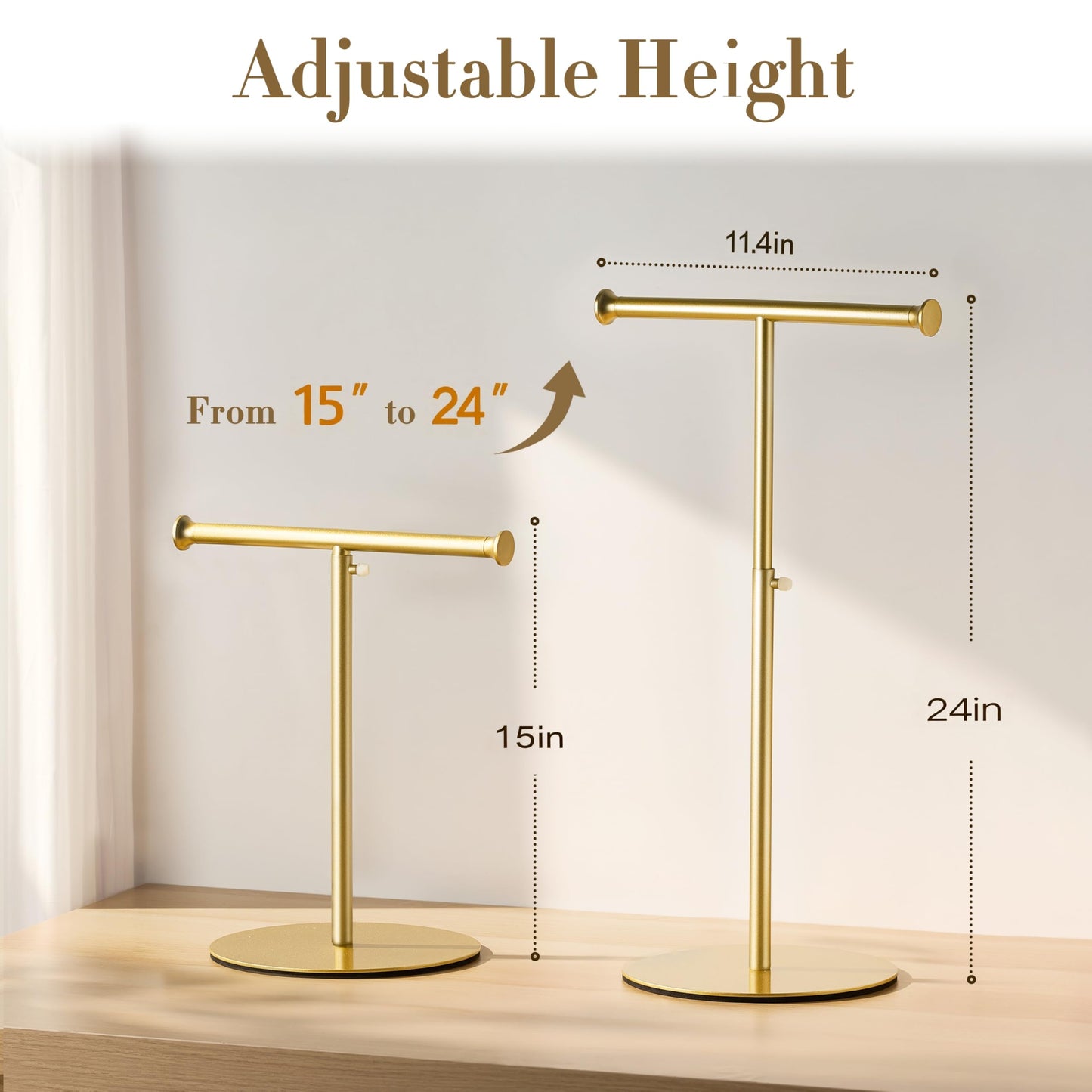 niffgaff T Bar Purse Display Stand Tabletop: Adjustable Height Handbag Holder, Countertop Hanging Rack for Long Necklace Scarf Lanyard, Gold
