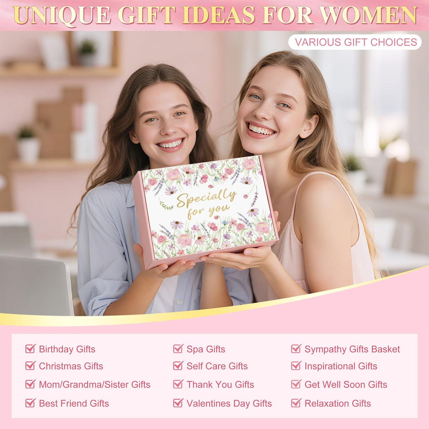 Gift Baskets for Women, 11 PCS Unique Birthday Gifts for Women, Self Care Gift Baskets, Thank You, Get Well, Sympathy Inspirational Friendship Gifts for Mom,Grandma, Sister,Friends (Pink)