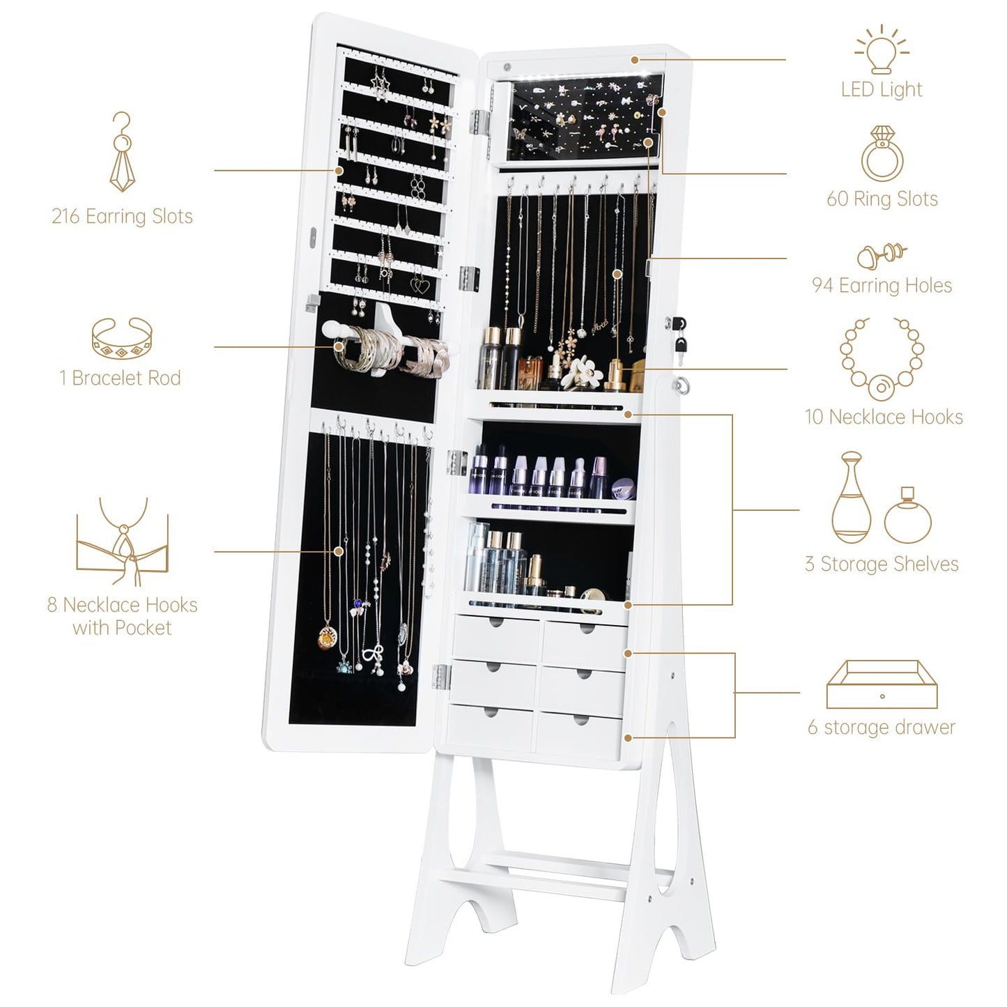 MASMIRE Mirror Jewelry Cabinet Standing, Full Length Mirror Jewelry Armoire Jewelry Organizer Lockable Jewelry Storage for Women Girl Full-Length Frameless LED Lights 6 Drawers Lockable White