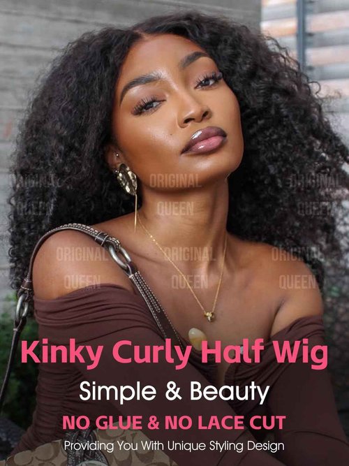 ORIGINAL QUEEN Kinky Curly Half Wig Human Hair Wear And Go Glueless Wigs Curly 3 In 1 Half Wigs for Women Drawstring Seamless Flip Over Glueless Wigs Beginner Friendly 16 Inch