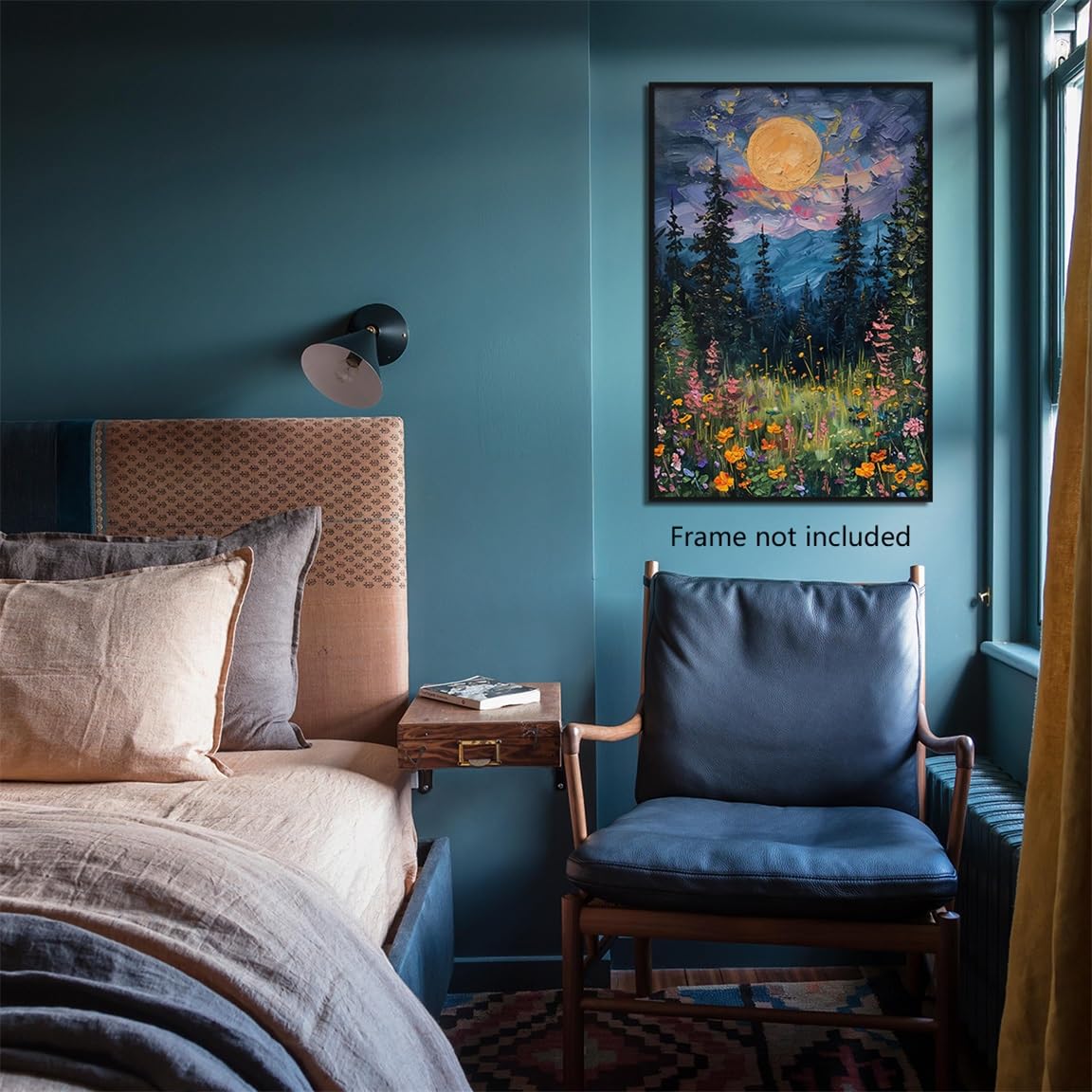 Yuaruo Vintage Full Moon Above The Wildflowers Nature Posters, Mystical Midnight Woodland Canvas Wall Art Print, Retro Flowers and Trees Oil Painting, Dark Forest Landscape 12x16in Unframed