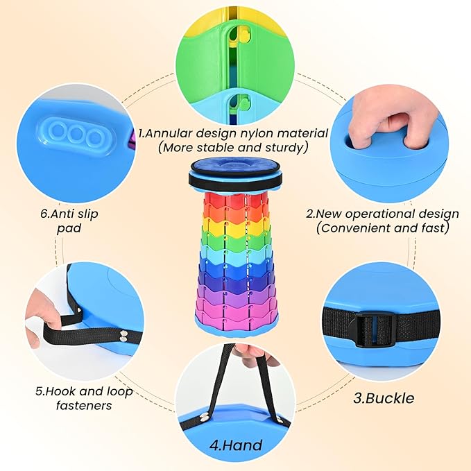 FXKS 2 Pack Upgraded Collapsible Stool Folding Stool with Cushion,Retractable Folding Stool Max Load Capacity 400lbs, Portable Telescoping Stools for Camping Hiking Outdoor BBQ Fishing-Rainbow