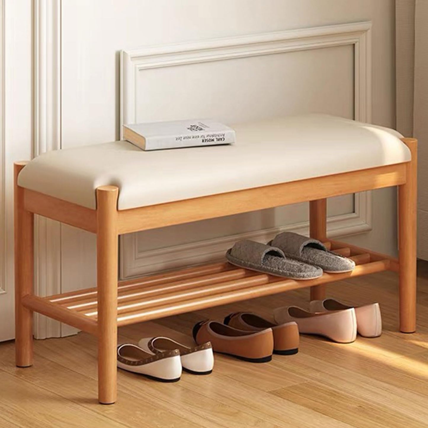 Buzleer Solid Wood Shoe Bench with Cushion, 2-Tier Shoe Rack for Front Door Entrance, Enterway Benches with Shoe Storage (Natural, 39.4in)