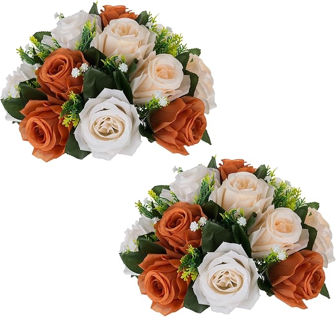 NUPTIO Terracotta Flower Ball Centerpieces: Artificial Rose Kissing Balls for Wedding Party Tables - 2 Pcs Faux Silk Floral Arrangements for Fall Home Thanksgiving Event Dining Decorations