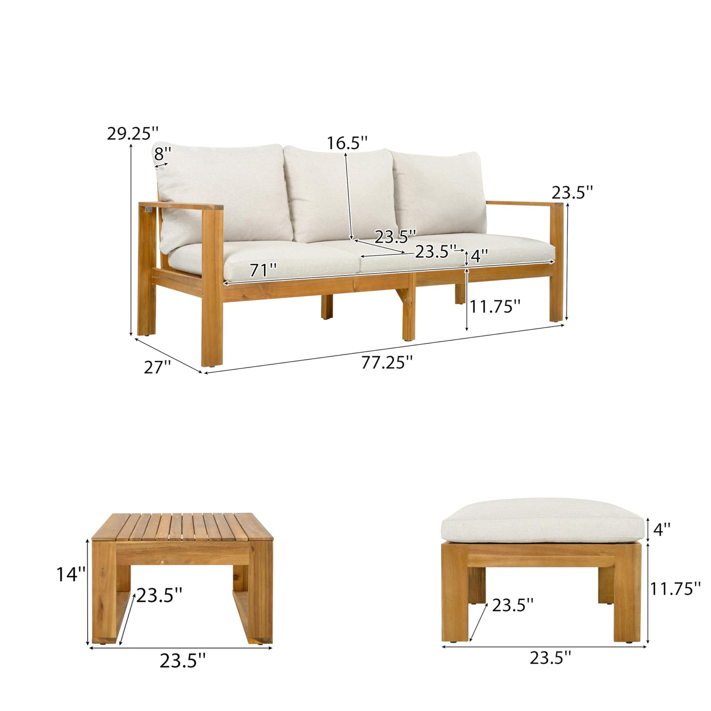 Merax Outdoor 3-Piece Acacia Wood Sectional Patio Sofa Set, 3-Seater Sofa with Ottoman & Coffee Table, Water-Repellent Cushions for Garden, Deck & Poolside