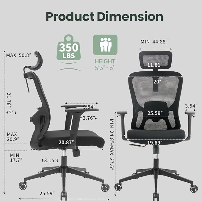 ZYFFHYLAI Ergonomic Office Chair - 350LB Mesh Office Chair with Adjustable Lumbar, High Back Computer Desk Chair with 3D Armrests, Comfy Chair with 2D Headrest & Tilt Function for Study, Work, Gaming