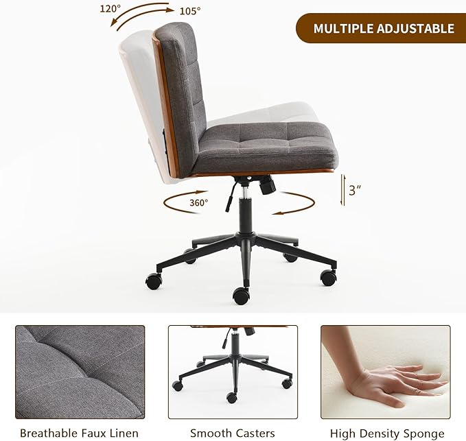 Furnimart FSC Wooden Wide Desk Chair, 360° Swivel Criss Cross Office Chair with Wheels, Comfy Cross Legged Sitting, Armless Height Adjustable Rolling Chair for Bedroom, Office, Vanity (Linen Gray)