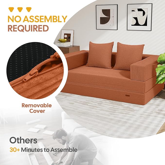 COMAX Futon Sofa Bed, 4‑in‑1 Convertible Sofa Bed, Folding Boneless Couches for Living Room, Fold Out Small Foldable Loveseat Floor Sleeper Comfy Mattress Lounge Space‑Saving, Light Orange