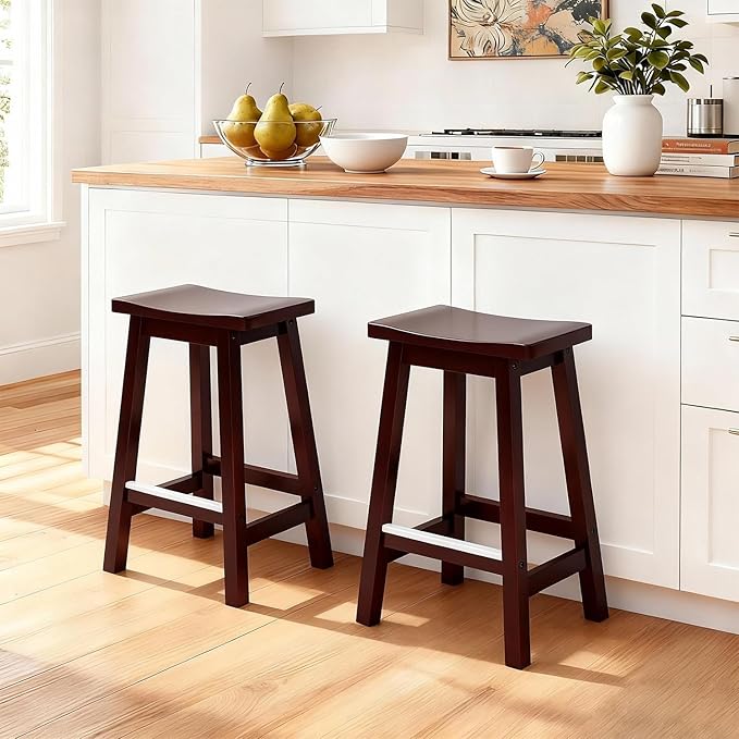 PayLessHere Bar Stools Set of 2, Wooden Saddle Stools 24 Inch Heigh, Bar Chairs Seat with Footrests and Industrial, Kitchen Counter Stools for Restaurant, Bistro Bar and Home Dining