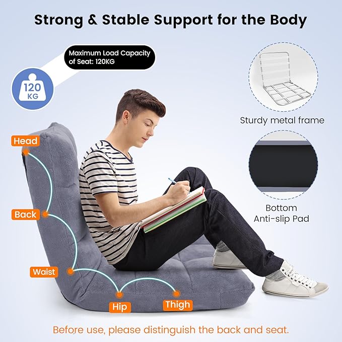 MAT EXPERT Floor Chair with Back Support, Floor Gaming Chair w/ 14 Adjustable Position,Soft Coral Fleece&Alloy Steel Frame, Foldable Floor Seat,Padded Lazy Couch Recliner for Meditating (Gray)