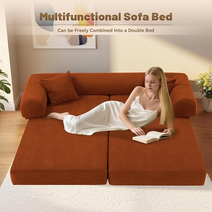 GJQ Convertible Futon Sofa Bed,80" Folding Pull Out Couch Bed with Storage,Queen Sleeper Sofa Bed,Compressed Couch in a Box,Corduroy Boneless Couches for Living Room,Orange
