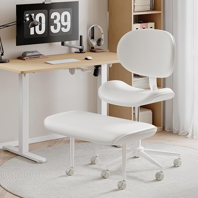 Cross Legged Office Chair with Wheels for ADHD, Ergonomic 360° Swivel Height-Adjustable Meditation Chair for Yoga, Wide Kneeling Chair with Strong Lumbar Support, PU Leather, Off White