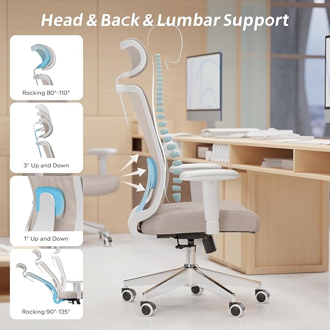 ZYFFHYLAI Ergonomic Office Chair, Mesh Desk Chair with Adjustable Headrest and 2D Armrest，Computer Chairs with Lumbar Support, Big and Tall Office Chair 400lbs, Large (01khaki)