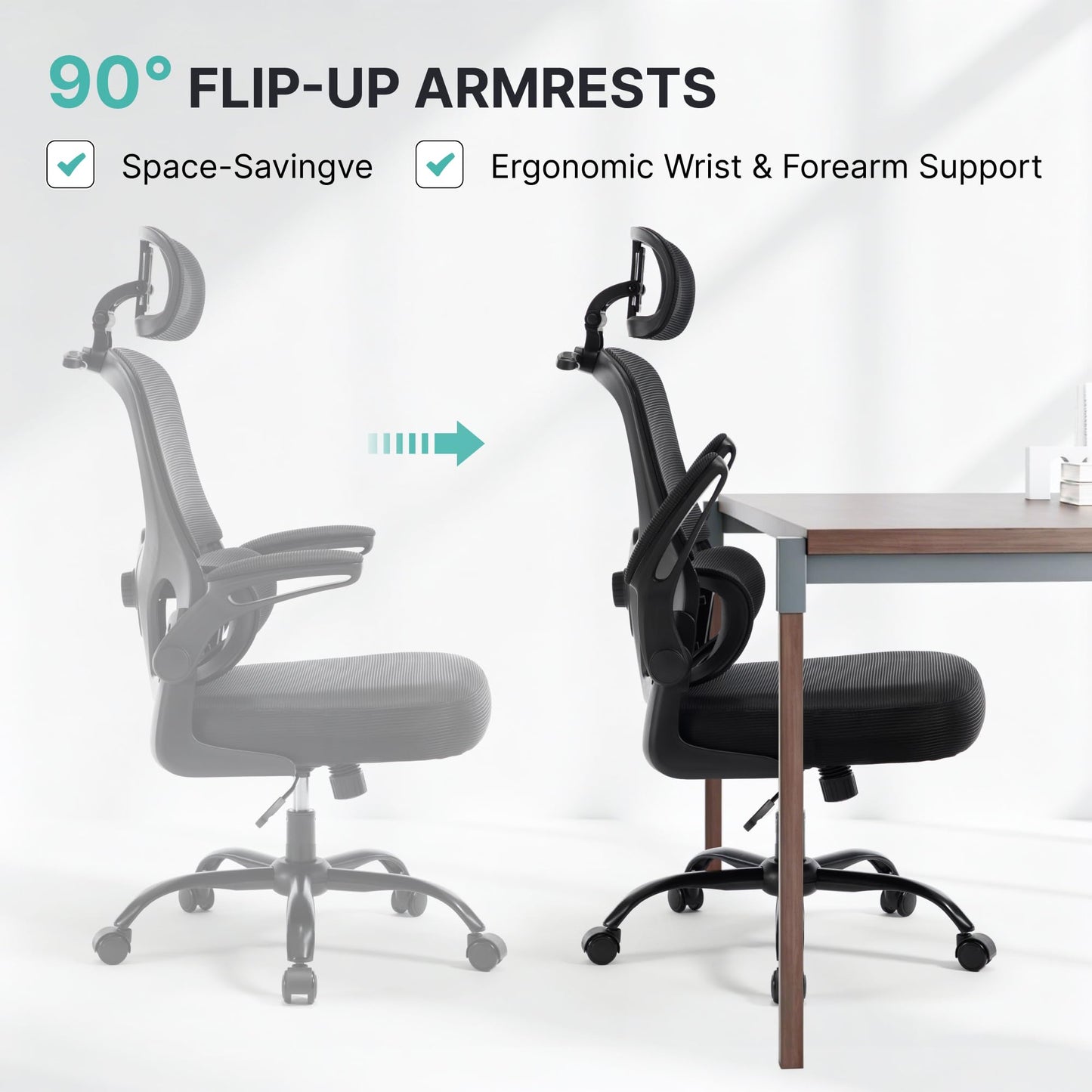 Yulincke 330Lbs Ergonomic Office Chair with 3D Headrest, Home Office Desk Chairs with Adjustable Lumbar Support,Flip-up Armrests, Thickened Cushion – Breathable Mesh Design for Long-time Sitting