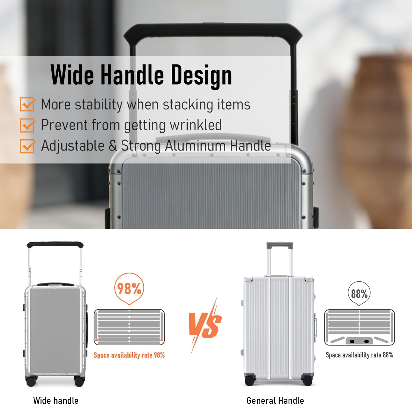 ROAMING 24 Inch Check Luggage Durable All Aluminum Hard Shell Suitcase with Wide Handle Zipperless with 360 Spinner Wheels, TSA Lock Smart Organizational Pockets for Business Travel Silver