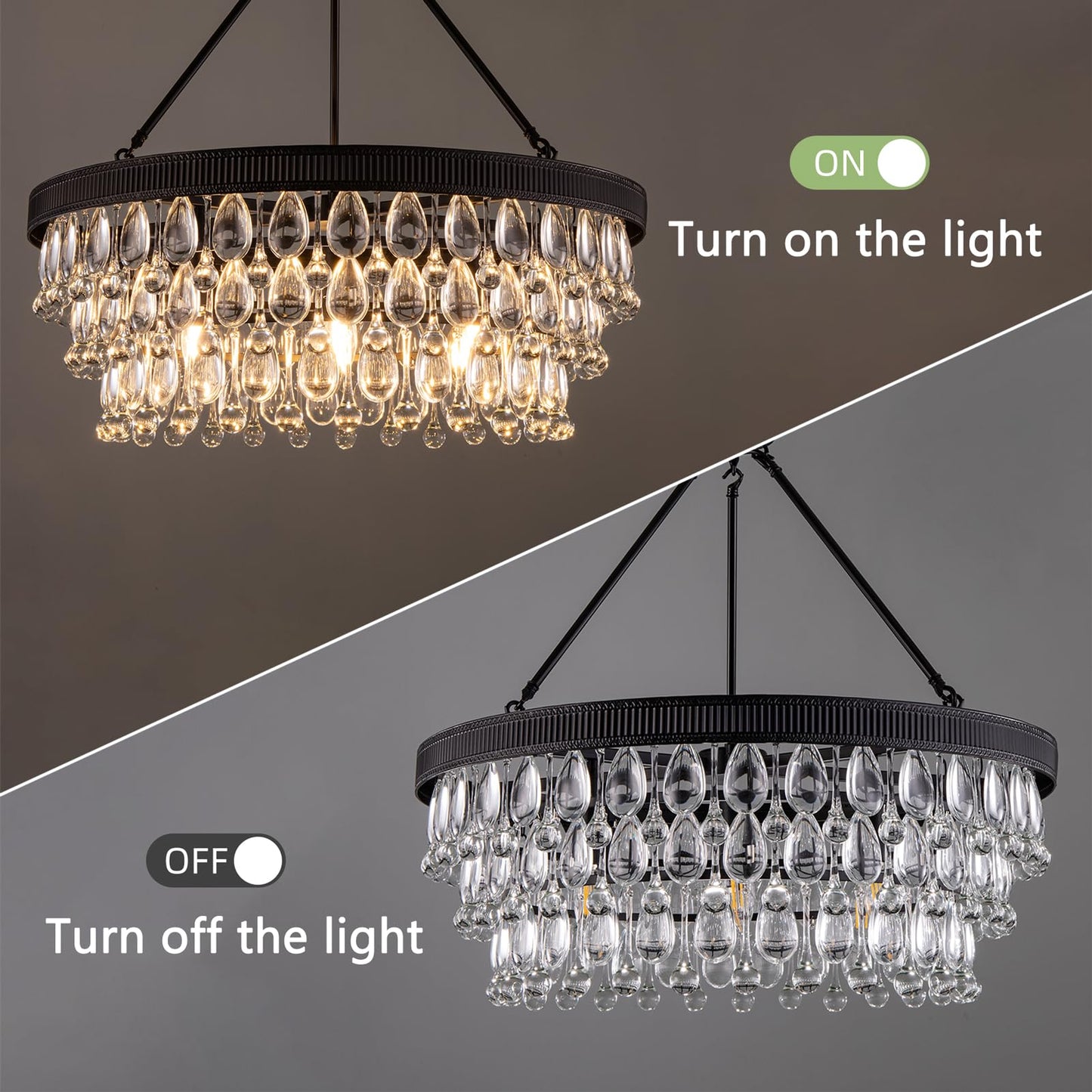 TOCHIC Crystal Chandeliers, 6-Light 3 Tiers Black Crystal Chandelier Light, Modern Farmhouse Luxury Light Fixture for Bedroom, Dining Room, Kitchen Island, Living Room, Entryway, 28"