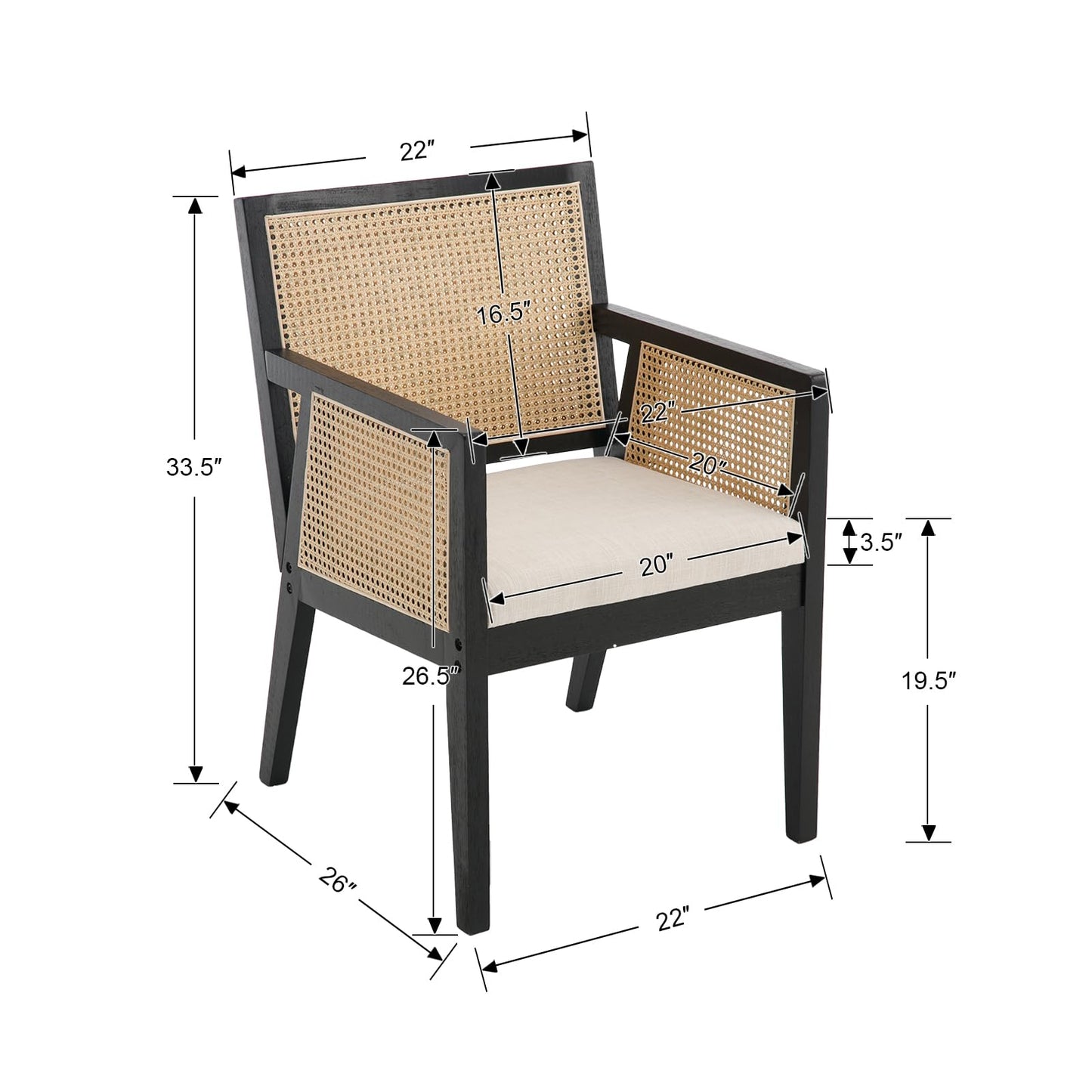 BESTANO Rattan Back Dining Chairs with Arms Set of 2, Mid Century Modern Dining Chairs Linen Fabric Upholstered Kitchen Chairs Side Chairs with Black Wooden Frame for Dining Room, Cream