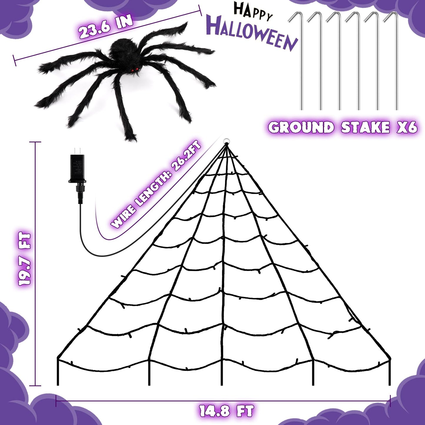PUHONG Halloween Decorations 19.6Ft Spider Web Lights with 250 LEDs 8 Modes Waterproof Outdoor Plug-in Triangular Spider Web with Purple Lights for Yard Home Parties Haunted House Decor