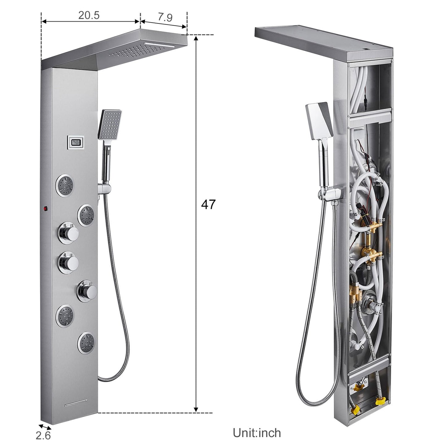 MENATT LED Shower Panel Tower System, 6 in 1 Stainless Steel LED Shower Column, Rainfall & Waterfall Head, Massage Jets, Tub Spout, Handheld Shower(Brushed)