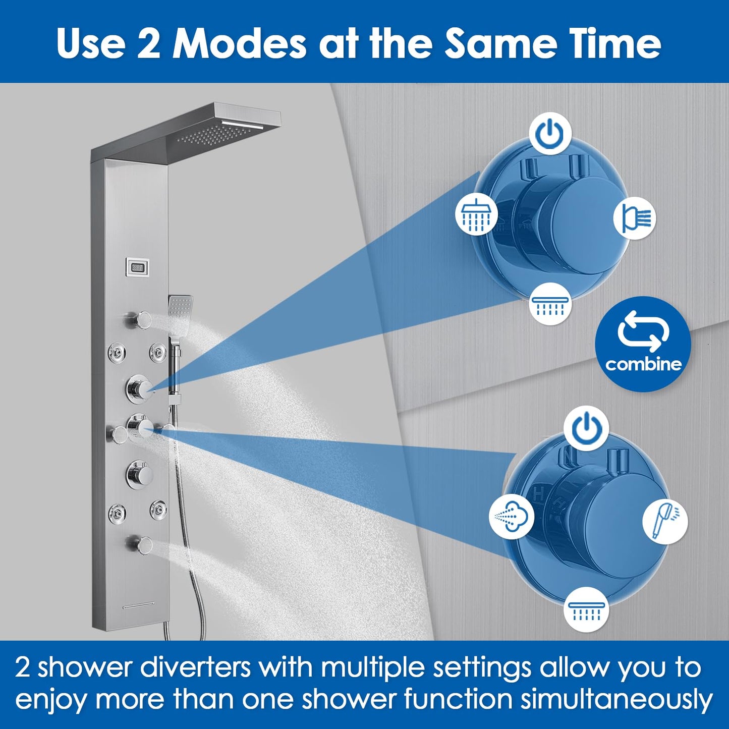 ROVOGO Shower Panel with 4 Body Jets and 4 Mist Spray, Rainfall Waterfall Shower Column Tower with Handheld, Tub Spout and Water Temperature Display, Stainless Steel Brushed