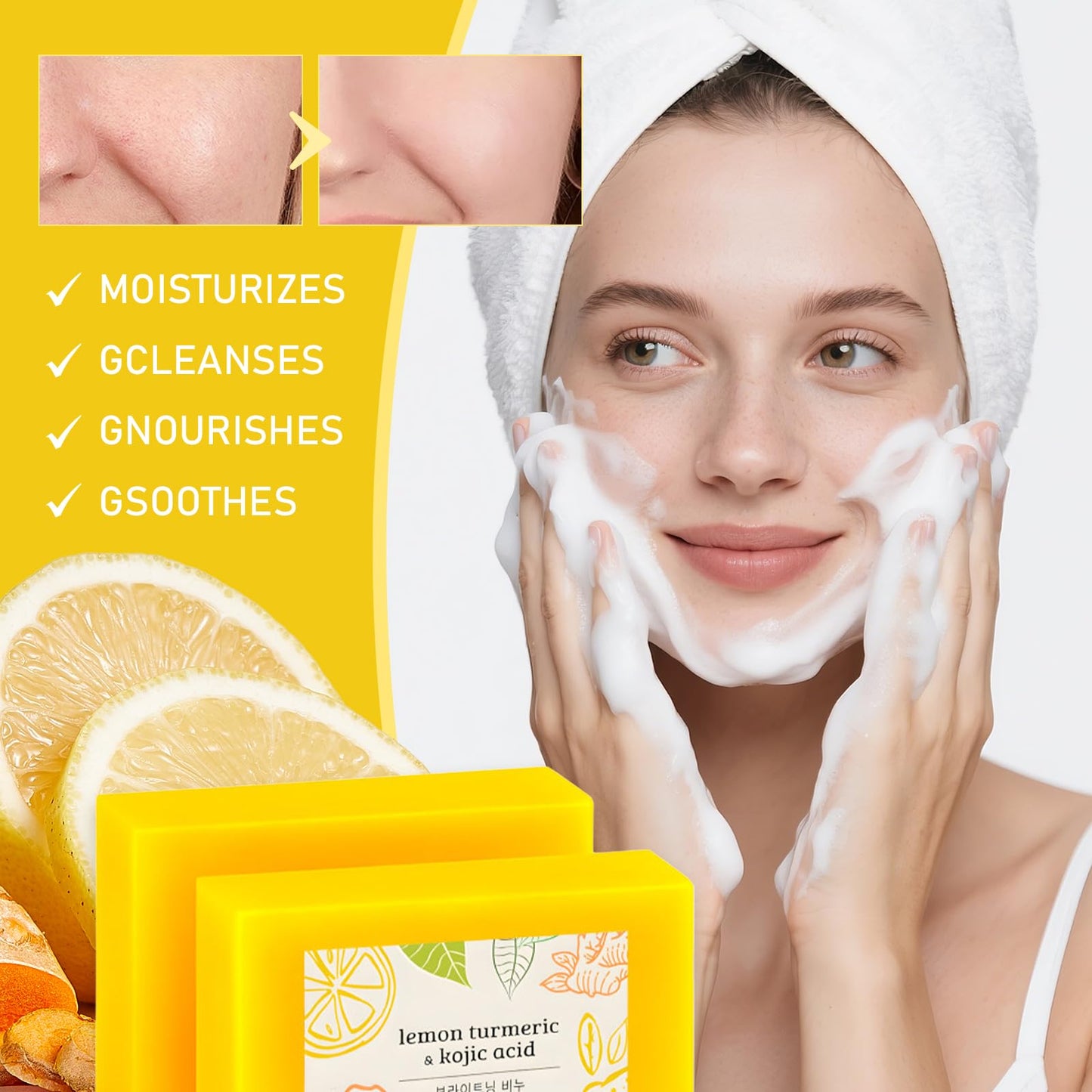 Qiuumey Scentric Glow Turmeric Soap, Lemon Turmeric Kojic Soaps, Natural Handmade Bar Moisturizing & Soothing Gentle Cleanser So