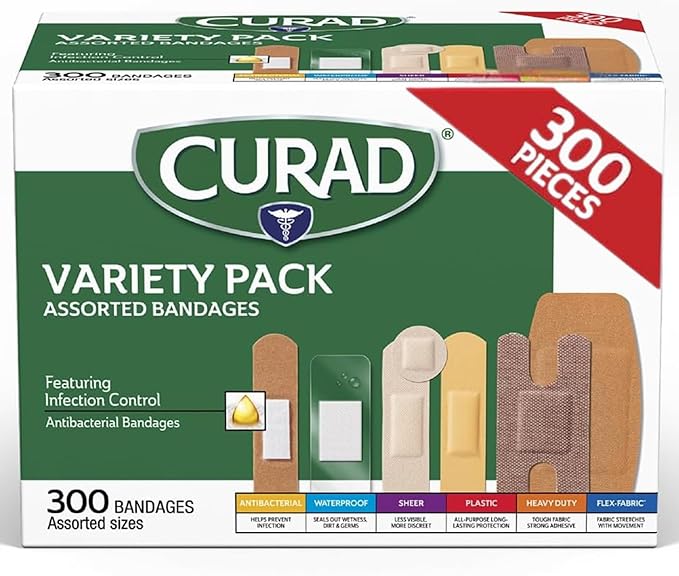 CURAD Assorted Bandages Variety Pack, 300 Count, 6 Styles Including Antibacterial, Waterproof, Sheer, Plastic, Heavy Duty...