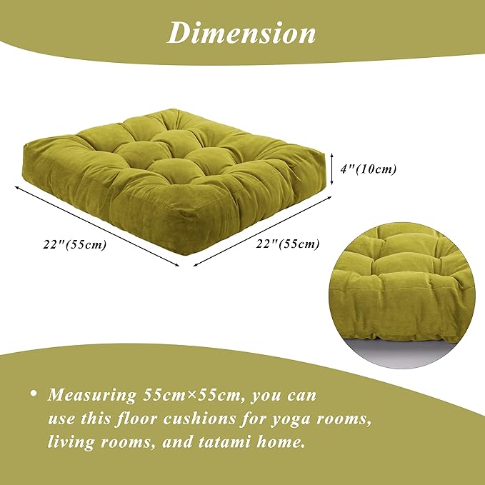 FlyGulls Meditation Floor Pillow 22×22 Inch 2 Pack Large Floor Cushions for Adults Square Tufted Corduroy Floor Pillows for Yoga Living Tatami Room Green