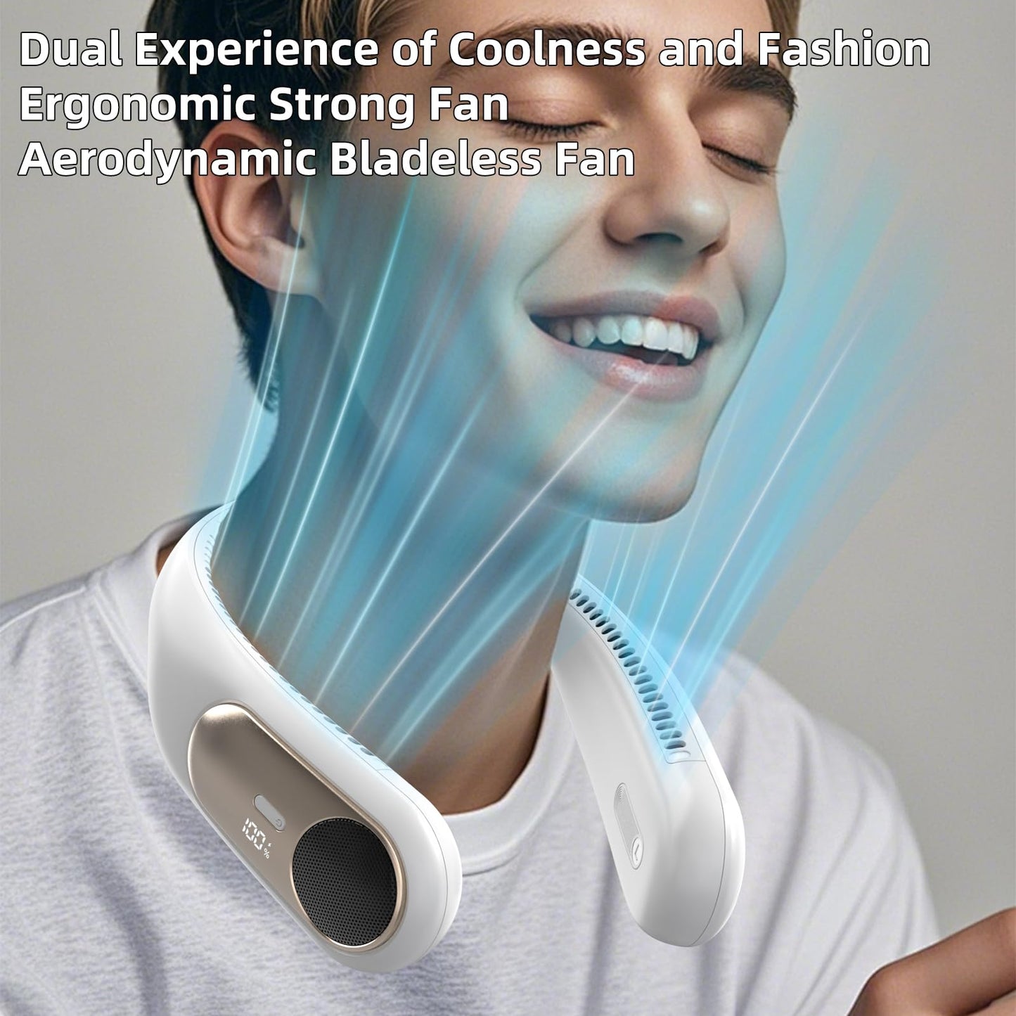 Portable Neck Fan,Personal Wearable Bladeless Fan,LED Display,4-Speeds,6000mAh USB Rechargeable,360° Strong Cooling Wind,Hands Free,Long Lasting,Birthday Gifts for Men Women Dad Mom (White)