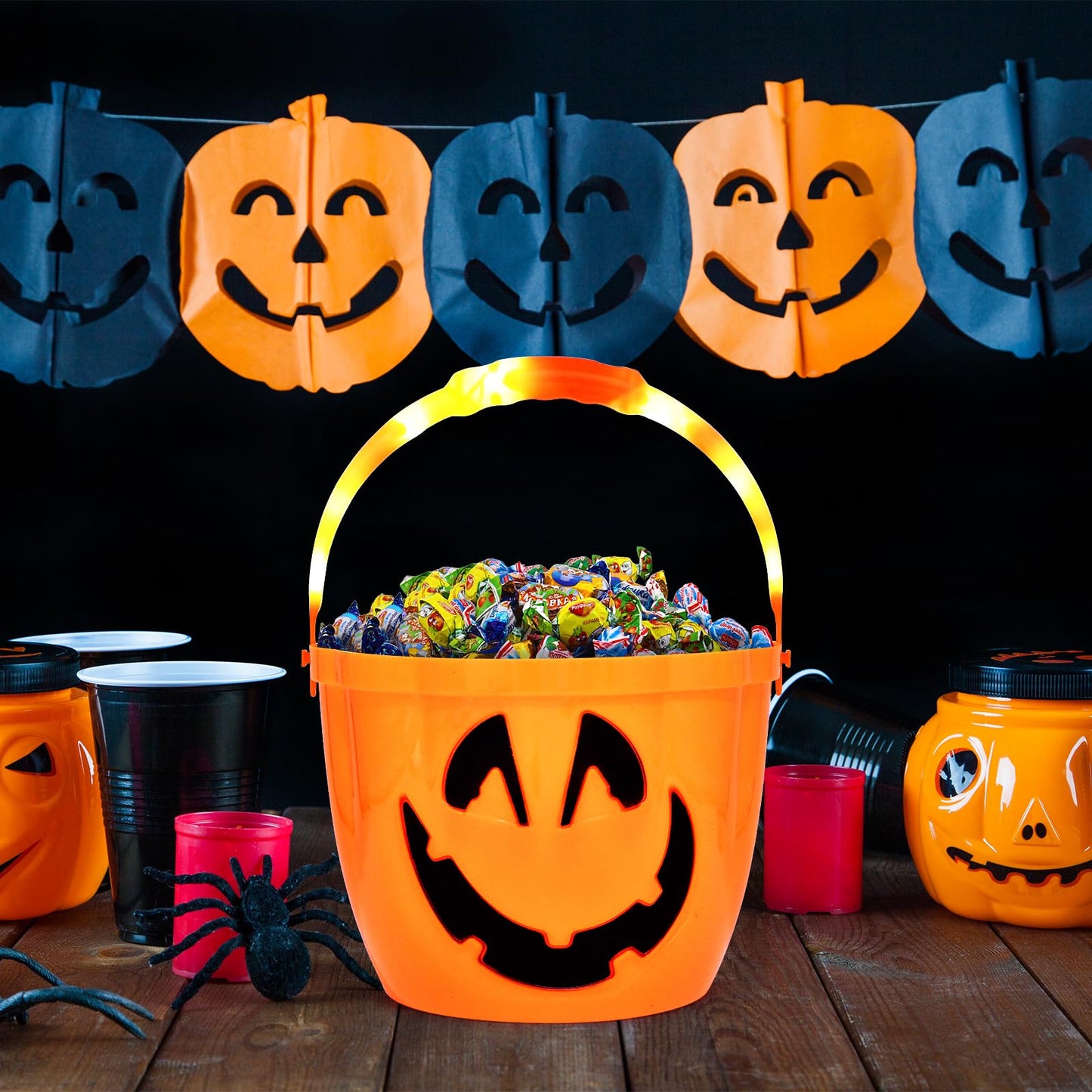 Lighted Pumpkin Halloween Candy Bucket with Handle - Large Plastic Light Up Sweet Bucket Pail for Halloween Trick or Treat Jack O Lantern Candies Collection Party Decorations for Kids