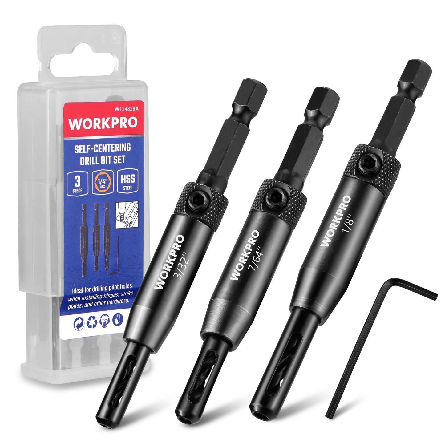 WORKPRO 3-Piece Self Centering Drill Bit Set, Durable HSS VIX Bit with Hex Key, 3/32”, 7/64”, 1/8” Center Drill Bits, 1/4 Inch Hex Shank for Precise Cabinet and Door Installation