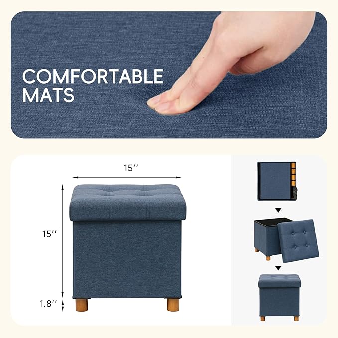 PINPLUS Storage Ottoman Cube, White Linen Footrest with Wooden Legs, Foldable Fabric Footrest, Comfortable Seat with Lid, Ottoman with Storage for Living Room, 15" x 15" x 15"，Blue