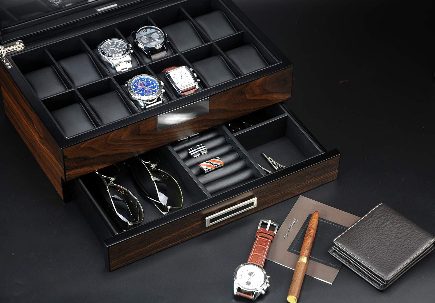 Lifomenz Co Watch Box for Men 12 Slot Wooden Watch Organizer - Premium Walnut Watch Display Case Storage with Valet Drawer, Real Glass Window & Luxury Leather Interior