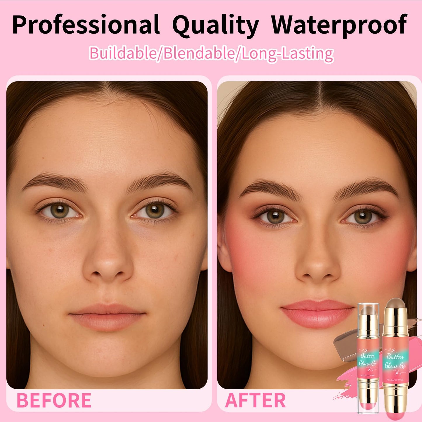 Dual-Ended Blush and Bronzer Stick - 2-in-1 Creamy Face Cheeks Contour Makeup, Smooth Hydrating Formula, Buildable Color for Nat