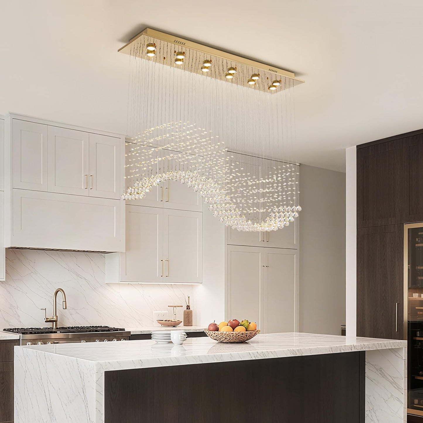 Siljoy 12-Lights Modern Crystal Chandeliers, Luxury Wave Raindrop Crystal Pedant Light Fixture, Rectangular Flush Mount Ceiling Light for Dining Room Living Room Kitchen Island 47 Inch