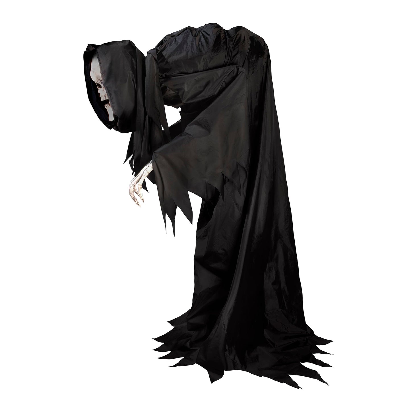 Haunted Hill Farm Motion-Activated Hunched Skeleton Reaper by Tekky, Talking Halloween Animatronic for Indoor or Covered Outdoor Creepy Halloween Decorations, Plug-in or Battery Operated Fright Props