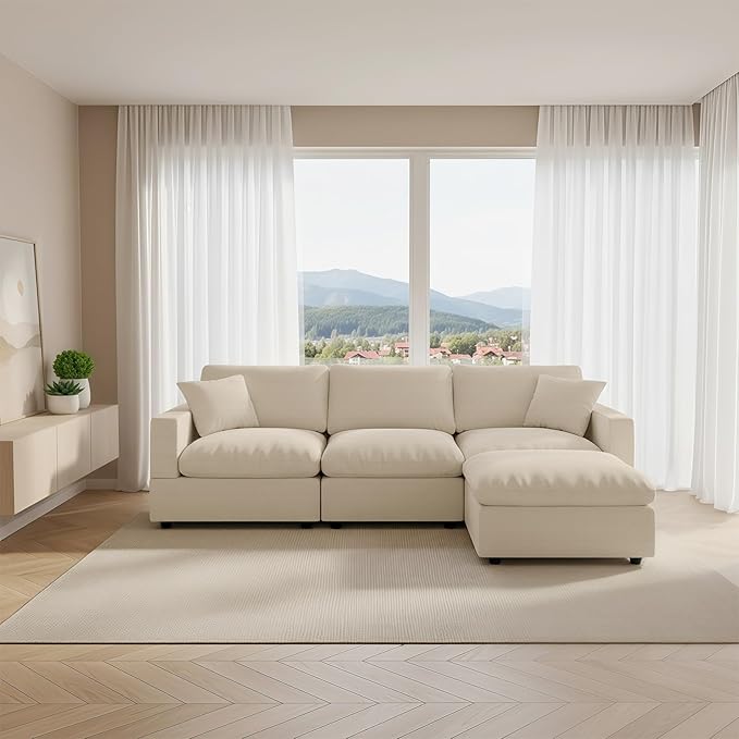 Cloud Couch Modular Sectional Sofa, 95.4" 4-Seater L Shaped Sectional Couches for Living Room, Convertible Cloud Sofa with Ottoman, Down Filled Wide & Deep Seat, Removable Washable Cushion Covers
