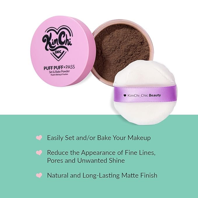 KimChiChic Beauty Puff Puff Pass Set and Bake Setting Powder for Makeup, Extra Fluffy Loose Face Powder Poof, Soft Natural Face Makeup for Uneven Skin Tone, 08 Chocolate
