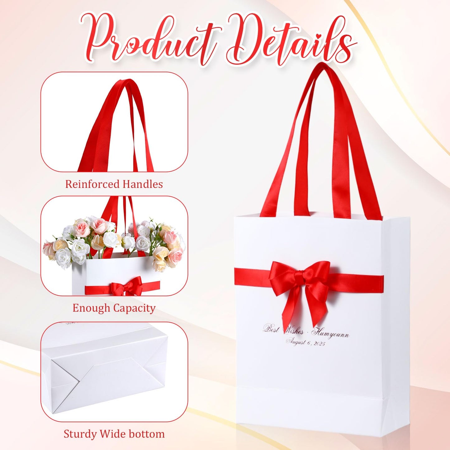 Humyoun 12 Pack White Gift Bags with Bow Ribbon 9 x 7 x 3.15'' Thank You Gift Bags Bulk with Handles for Wedding Bridal Baby Shower Birthday Housewarming Party Favor Holiday